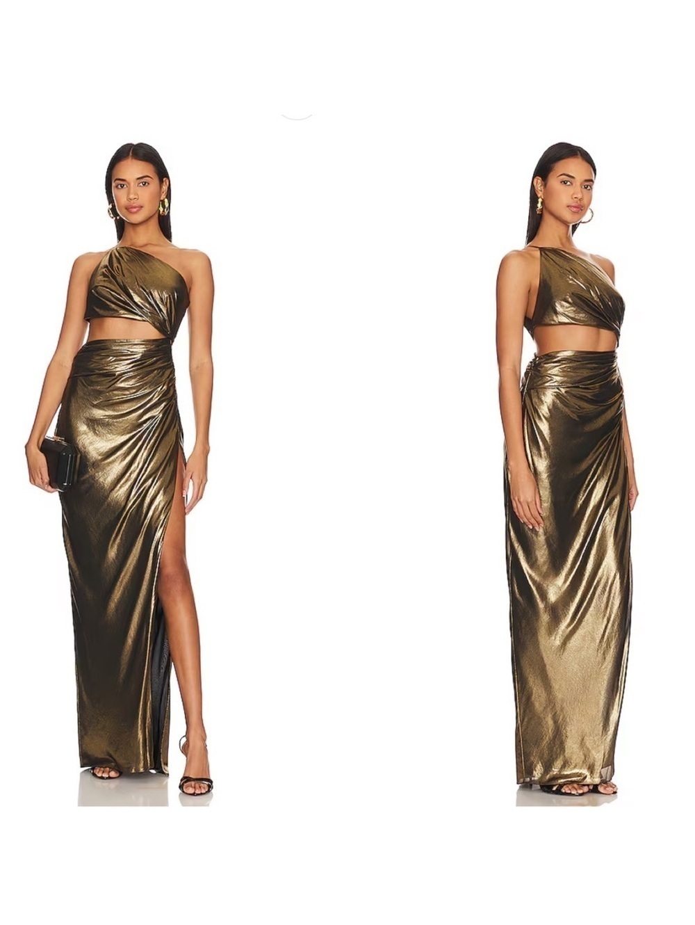 The Sei REVOLVE One Shoulder Cut Out Gown in Gold Lame